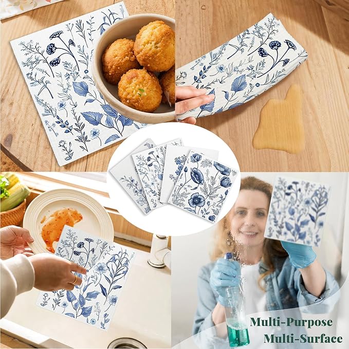 Spring Flower Swedish Dishcloths for Kitchen, Blue Swedish Dish Cleaning Cloths for Floral, Papaya Reusable Paper Towels, 4 Pack Dish Towels for Kitchen, Reusable Paper Dishcloths Washable