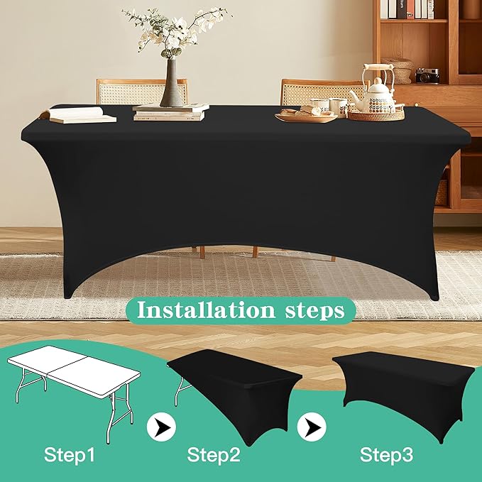 6Pack 8FT Table Cloth for Rectangular Fitted Events Stretch Black Table Covers Washable Spandex Tablecloth Protector for Party, Wedding, Cocktail, Banquet, Festival