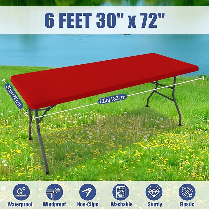 Spandex 6 Foot Rectangle Christmas Table Cloth 2 Pack, Elastic Fitted Tablecloths for Picnic, Stretch Washable Patio Table Cover for Outdoor, Camping, Banquet and Parties (Red, 30"x72")