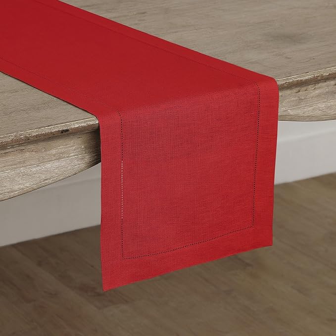 Solino Home 100% Pure Linen Table Runner Red, Classic Hemstitch 14 x 120 in | - Image 2