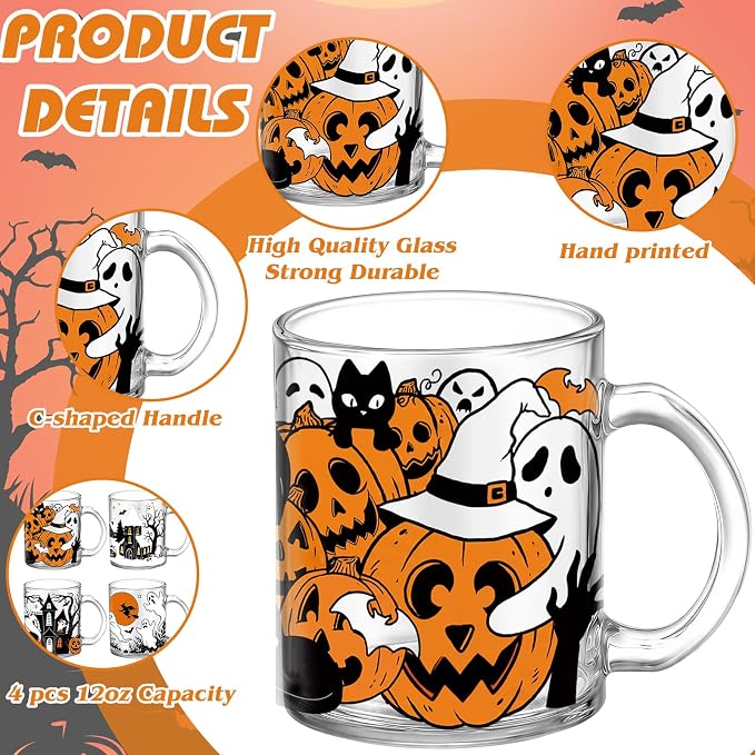 Tioncy 4 Pcs Halloween Ghost Coffee Mugs 12 oz Scary Pumpkin Glass Cups - Image 3
