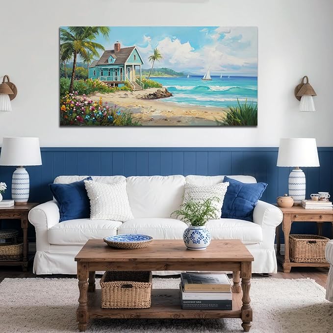 Anolyfi Tropical Canvas Wall Art for Living Room, Palm Tree Nature Coastal Seascape Painting Wall Decor Textured Artwork for Bedroom Hallway Kitchen Office Home Decor 48"x24"