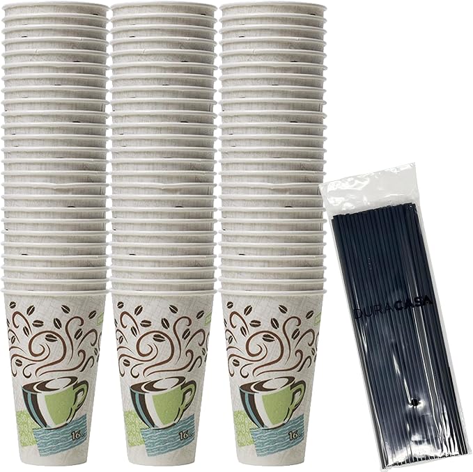 Straws and Insulated Paper Hot Cup 75 Count, 16 oz Coffee Cups and by DuraCasa