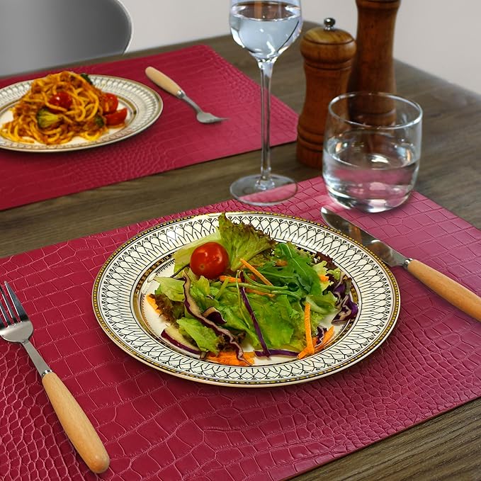 Jovono Faux Leather Placemats Set of 8, Waterproof Heat Resistant Dinner Place Mats for Dining Table, Non-Slip Crocodile Embossed, Red (17.8x11.8 Inch)