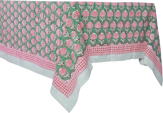 ATOSII Roma Green100% Cotton Rectangle Summer Tablecloth, Block Print Floral Linen Table Cloth for Dining Table Parties Wedding Outdoors I Grand Millennial Decor 60 X 90 Inches 6 Seater I Memorial Day