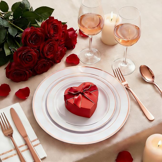 GATHER 350PCS Rose Gold Plastic Plates - Disposable Rose Gold Dinnerware Sets Includes 100 Gold Rimmed Plastic Plates, 150 Silverware, 50 Napkins, 50 Cups for Party, Wedding, Valentine's Day