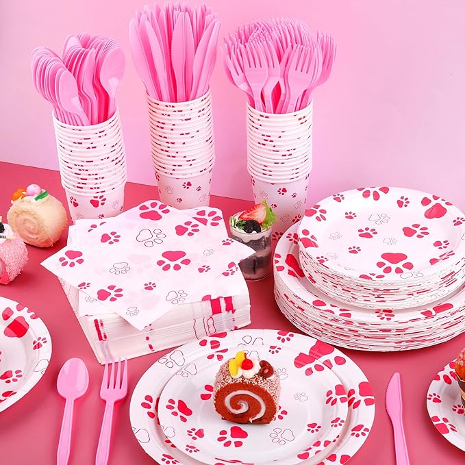 Kochorie 400 Pieces Pink Paw Disposable Party Tableware Sets Dog Puppy Supplies Including Plates Cups Napkins Cutlery Serves 50 for Birthday Puppy Theme Party Decorations