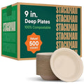 Deep Dish Paper Plates, Heavy Duty Disposable Dinner Plates [500-Pack] 9 Inch Plates - 100% Compostable Eco-Friendly, Biodegradable Sugarcane Bagasse, Natural Brown 9" Paper Plate Disposable