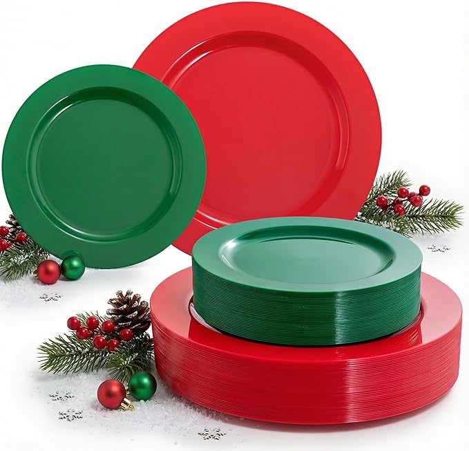 Rubtlamp 60 Pcs Plastic Christmas Plates, Heavy Duty Plastic Plates, Red Green Disposable Plate, 30 Red Dinner Plate And 30 Green Dessert Platos for Chrismas Party, Gatherings, Celebrations