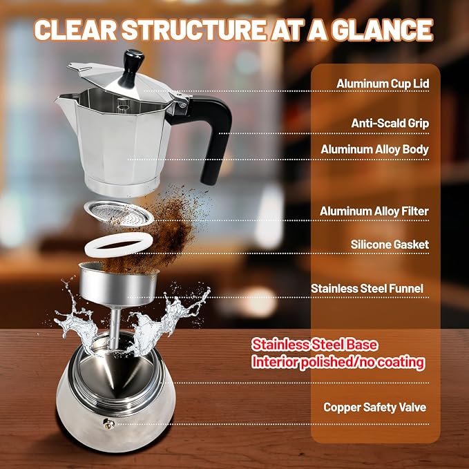 6 Cup Aluminum and Stainless Steel Moka Pot Espresso Stovetop Coffee | Maker - Image 3