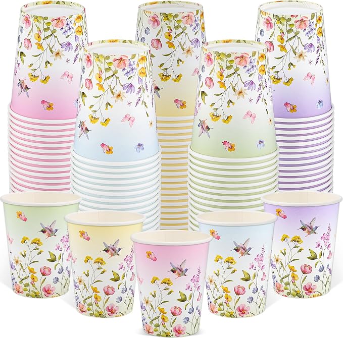 NatNarr 100 Pack Floral Paper Cup, 9oz Disposable Wildflower Paper Cups | Tea by NatNarr