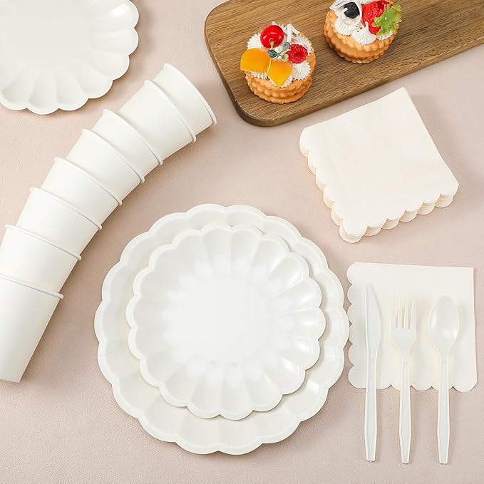 350 Pcs Cream White Scalloped Paper Plates Shell Edge Disposable Tableware Cocktail Napkins Cups Plastic Spoons Forks Knives for Wedding Baby Shower Picnic Birthday Party Supply for 50 Guests