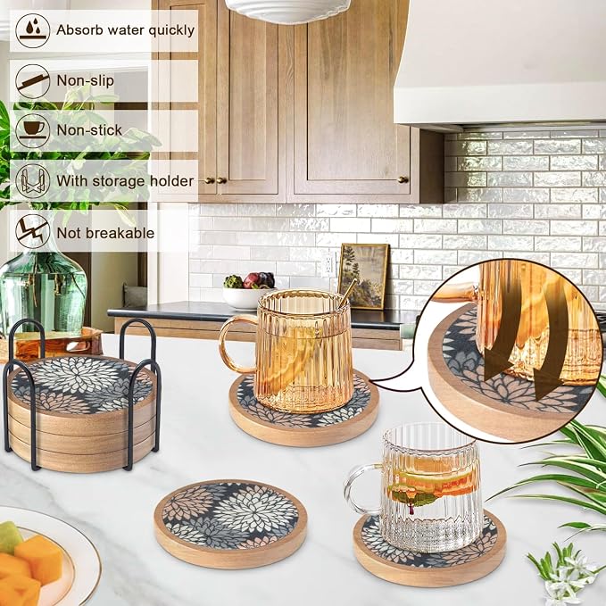 Wood Coasters Set of 6 with Holder, Cewiru Cup Mat - Image 2