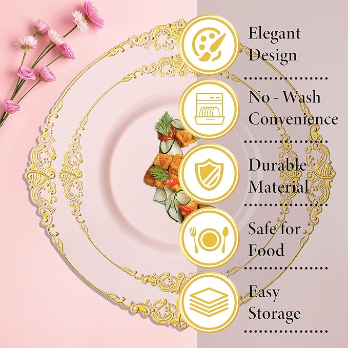 Nervure 350Pcs Pink Plastic Plates, Plastic Dinnerware Set - Image 9