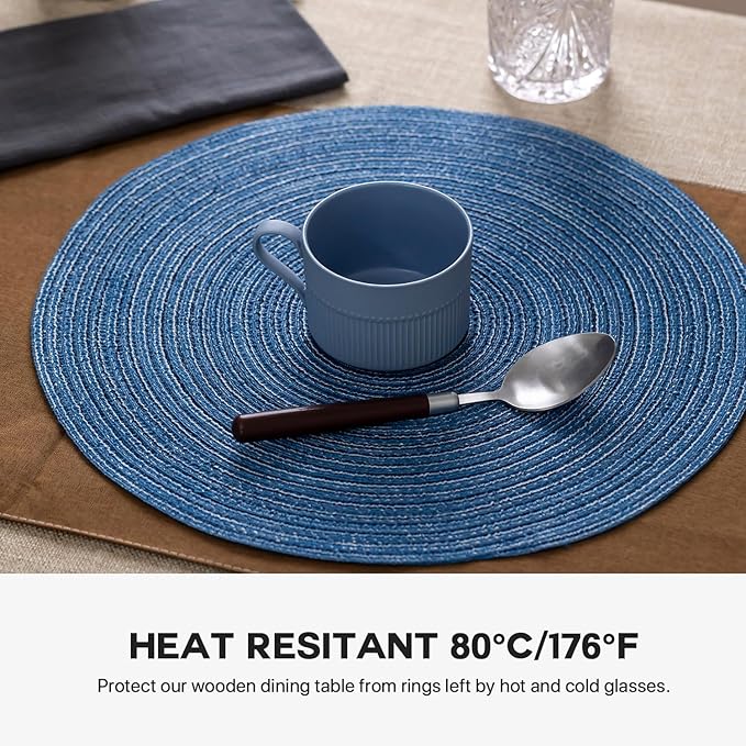 Round Placemats Set of 6 Woven Placemats Washable Braided Table Mats for Dining Table Heat Resistant Non-Slip Circle Place Mats(Mid Blue)