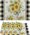 Vintage Sunflower Theme Placemat Set, Rustic Farmhouse Vivid Lavender Floral Butterflly Black White Check Pattern Home Decor Linen Table Mats for Dining Room Kitchen Party (17x12in) x4P