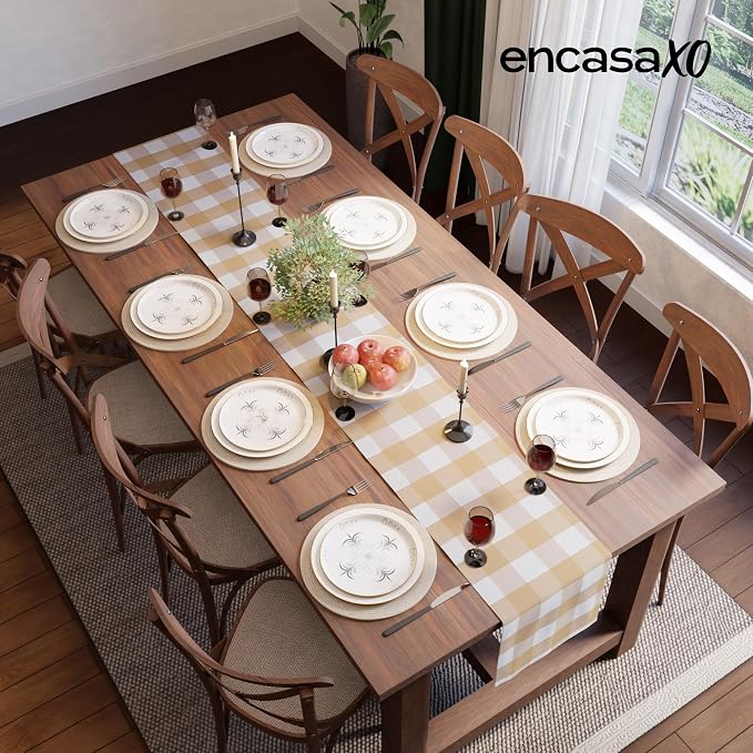 Encasa XO Table Runner, Woven Cotton Dining Runner 13"x91" Buffalo Beige Checks - Image 4