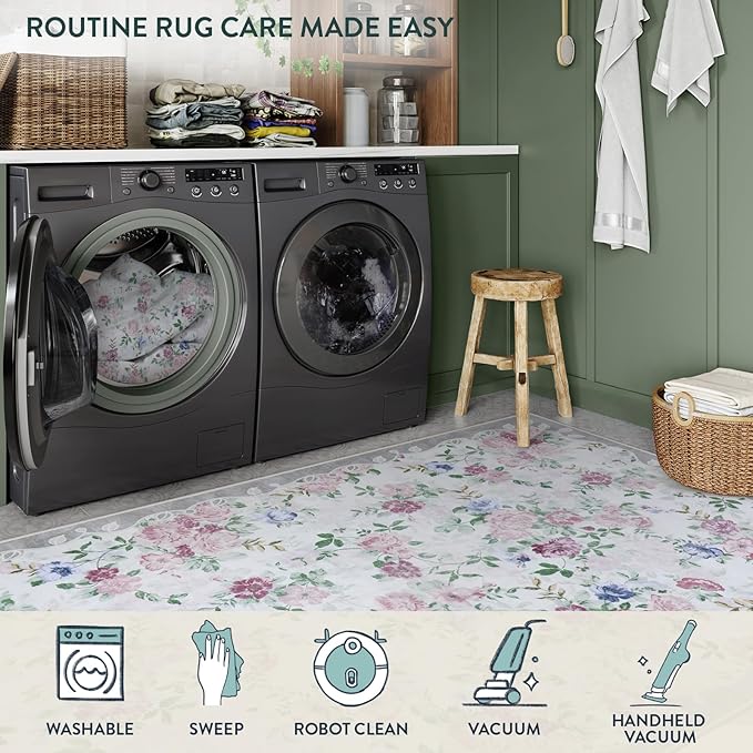 Lahome Vintage Floral 8x10 Rugs for Living Room,Large Boho Washable Rugs,Low Pile Bedroom Rug 8x10 Under Bed Carpet for Nursery Playroom Dining Room (Purple/Grey)