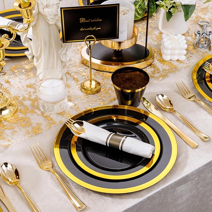 YOUBET 350PCS Black and Gold Plastic Plates - Gold Disposable Dinnerware Sets for 50 Guests - 100 Plastic Plates, 150 Gold Silverware, 50 Cups, 50 Pre Rolled Napkins for Party & Wedding
