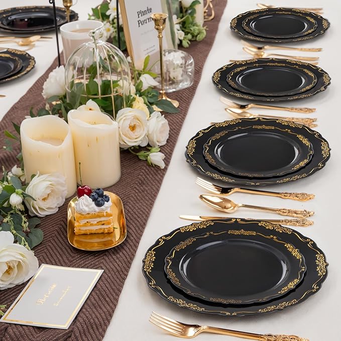 DaYammi 60PCS Black and Gold Plastic Plates, Heavy Duty Black and Gold Disposable Plates Premium 10inch Dinner Plate Hard Plastic Plate Disposable for Party and Wedding