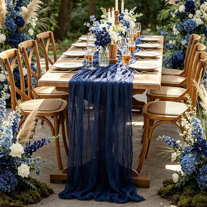 Navy Blue Table Runner, 10FT Rustic Gauze Blue Table Runner 35*120inch Boho - Image 6