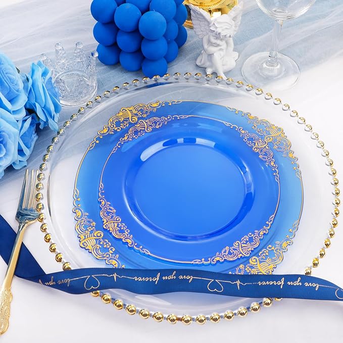 102PCS Blue Plastic Plates - Royal Gold Disposable Plates - Clear Blue Party Plate - Heavyweight Disposable Plate with Gold Rim - Fancy Dinner & Dessert Plates for 51 Guests Party Wedding