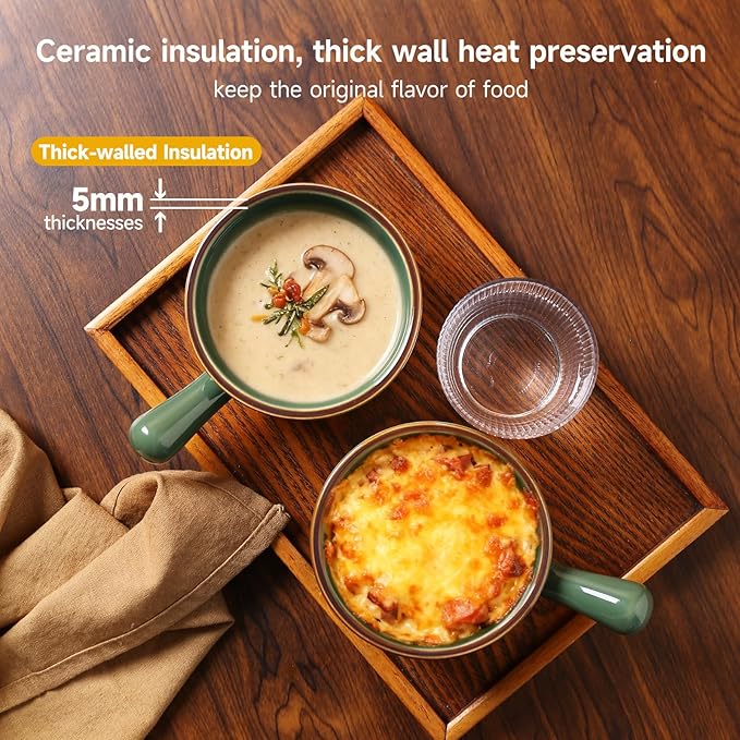MONITO 16 Oz French Onion Soup Bowls, Ceramic Soup Bowls with Handles, Stackable Soup Crocks Oven Safe for Chili, Beef Stew, Cereal,Casseroles Microwave & Dishwasher Safe, Set of 4, Forest Green