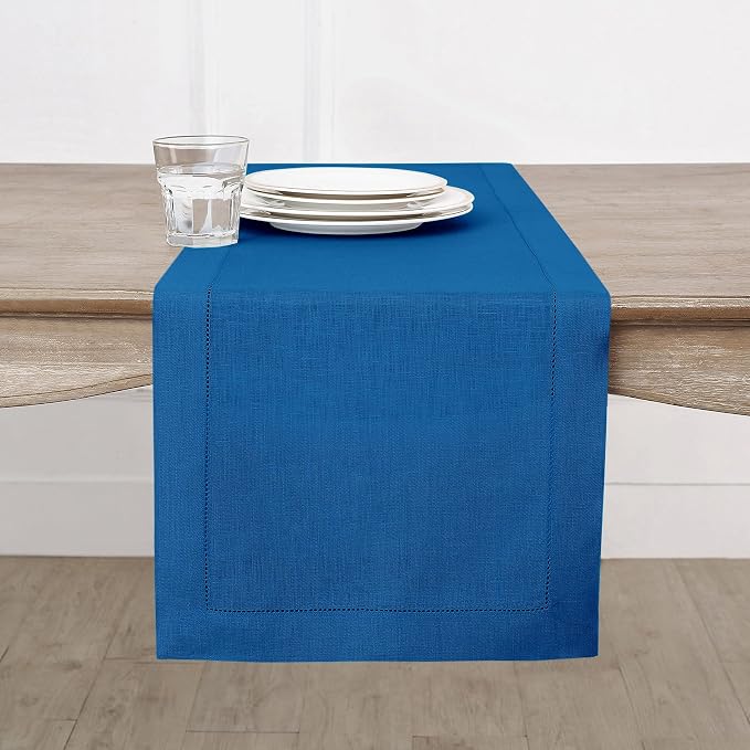 Solino Home 100% Pure Linen Table Runner Indigo Blue Hemstitch, 14 x 108 in | by SolinoHome