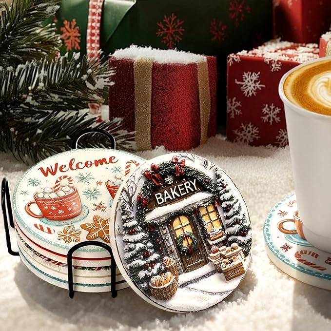 Christmas Drink Coasters Set of 6 with Black Holder and Cork Base, Absorbent Ceramic Coasters Round Decorative Coffee Table Decor for House Warming Gifts New Home