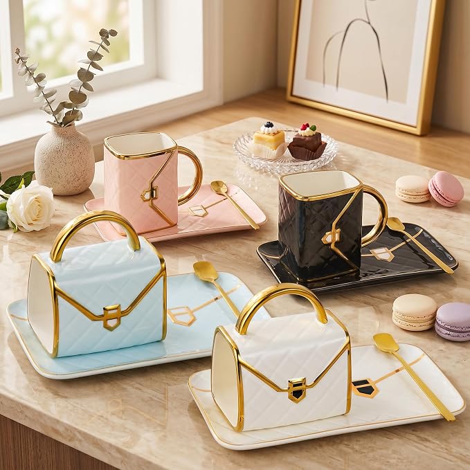 Handbag Coffee Mug Set, Four 10 oz Ceramic Cups - Image 2