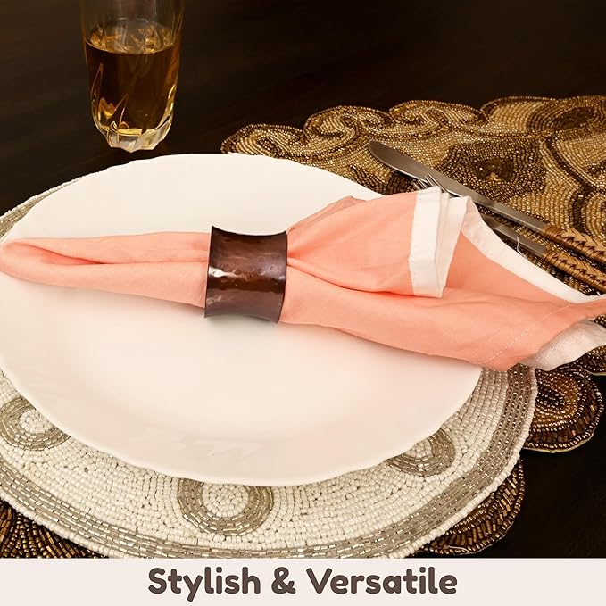 Decorative Metal Drum Napkin Rings Set of 12 - Modern Napkin Holders, Hammered Napkin Rings for Party Decoration, Dinning Table, Everyday, Family Gatherings (Bronze) - ALPHA Living HOME