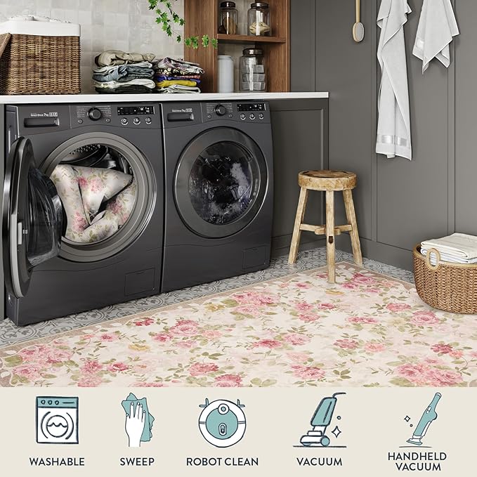 Lahome Floral Washable Rugs 9x12, Large Area Rugs 9x12 Living Room,Soft Non-Slip Thin Vintage Boho Bedroom Carpet for Dining Room Playroom Nursery Farmhouse, Beige/Pink/Multi