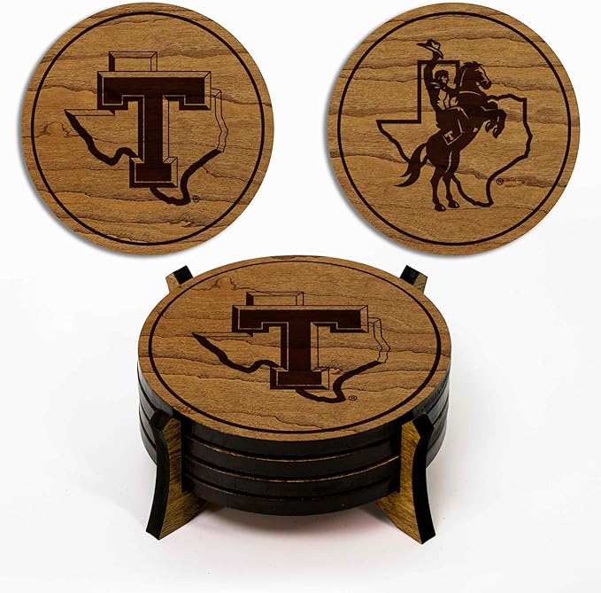 LazerEdge Tarleton State Texans Wooden Coaster Set - Cherry Wood - Officially Licensed Product - 4-Pack