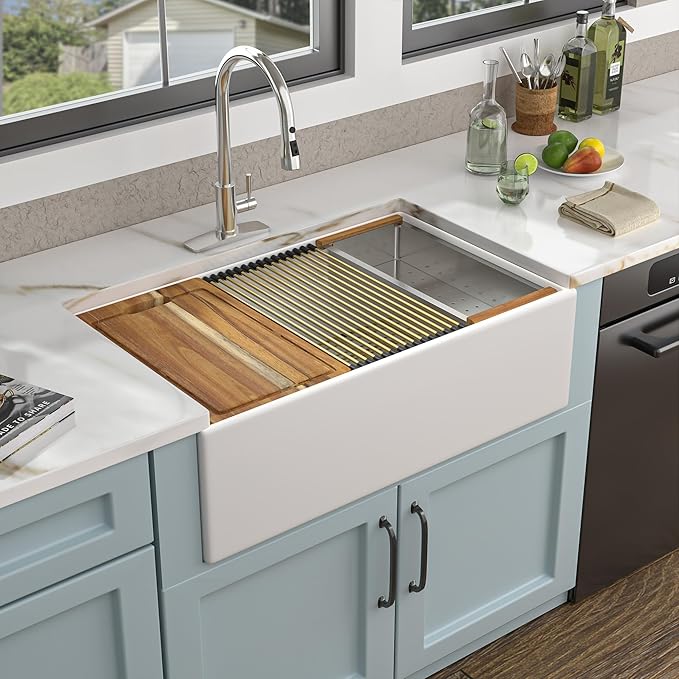 33 White Farm Sink Workstation - Fulorni 33 Inch Farmhouse Kitchen Sink Workstation with Slide Ledge Apron Front Reversible White Ceramic Porcelain Fireclay Single Bowl Farmer Style Basin