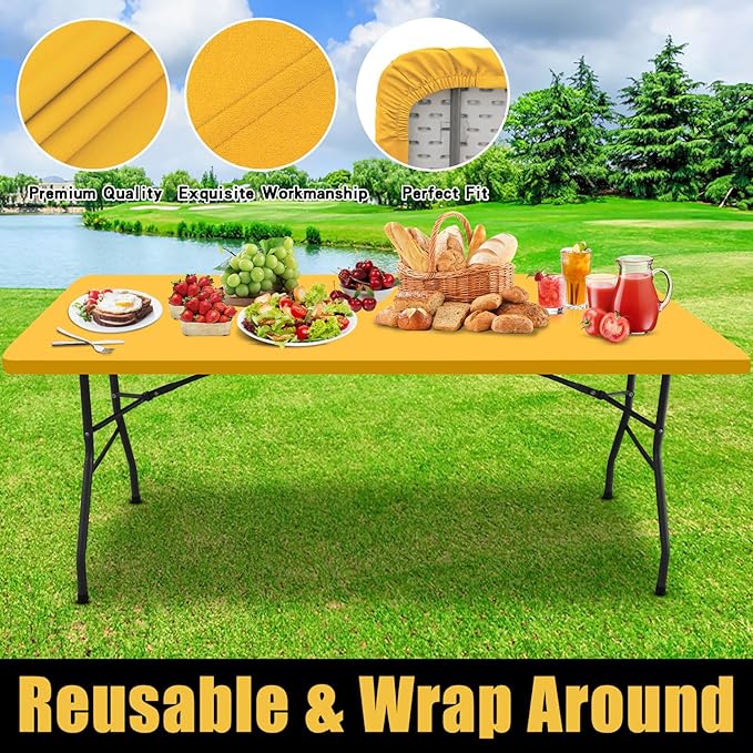Smiry Rectangle Picnic Table Cloth, Waterproof Elastic Fitted Tablecloths for 6 Foot Tables, Washable Polyester Table Cover for Camping, Indoor and Outdoor (Mustard Yellow, 30"x72")