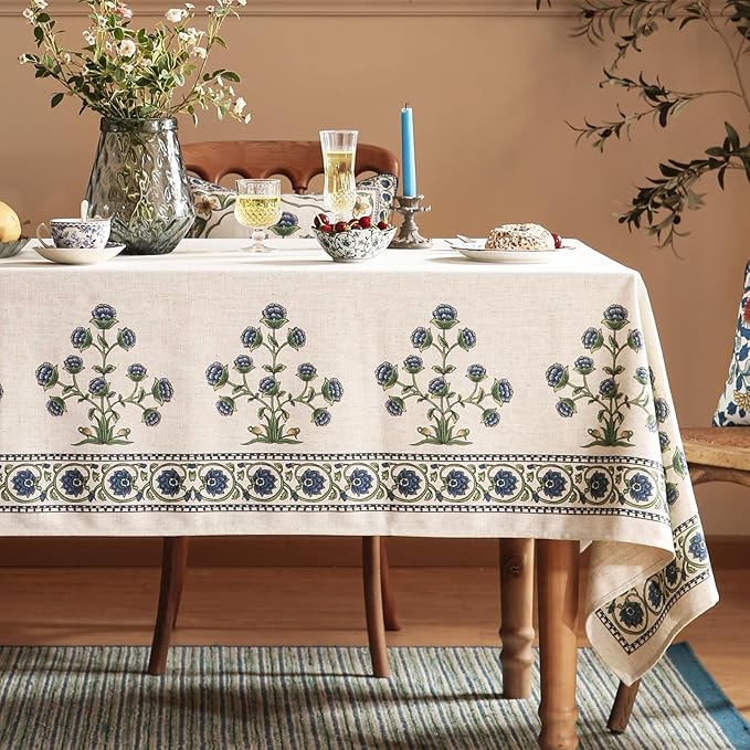 patdrea Designer Linen Vintage Blue Rectangle Tablecloth,Leaves Pattern Durable Floral Table Cloth,French Table Cover Cloth Decor for Kitchen Dining,Christmas,Thanksgiving,Party,63"x87"-Ivar B