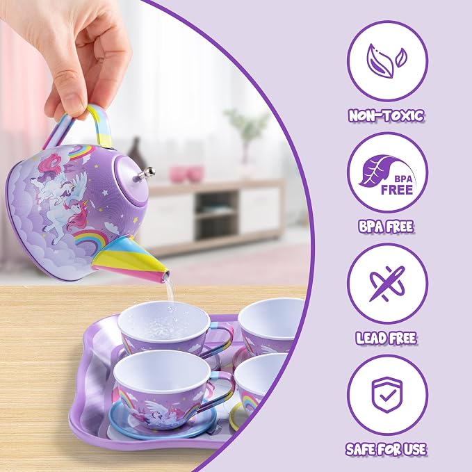 JOYIN Unicorn Tea Party Set for Little Girls, Pretend Purple Tin Teapot Set - Image 4