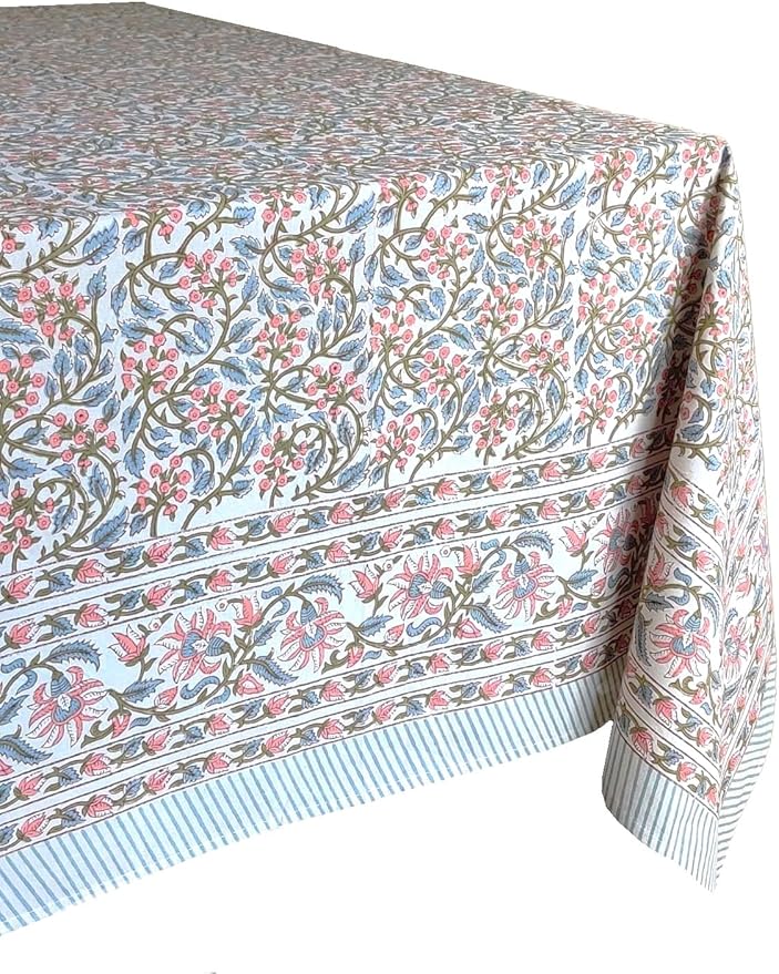 ATOSII Kalina 100% Cotton Fall Rectangle Tablecloth, Handblock Print Floral Table Cloth for Kitchen Dining Linen I Weddings Outdoors Easter Spring Summer I 72 X 120 Inches I 10 Seater
