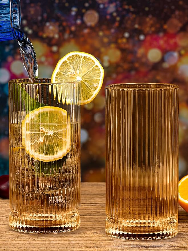 16Oz Amber Ribbed Glassware Set Of 6 – Vintage Drinking Glasses And Ribbed - Image 3