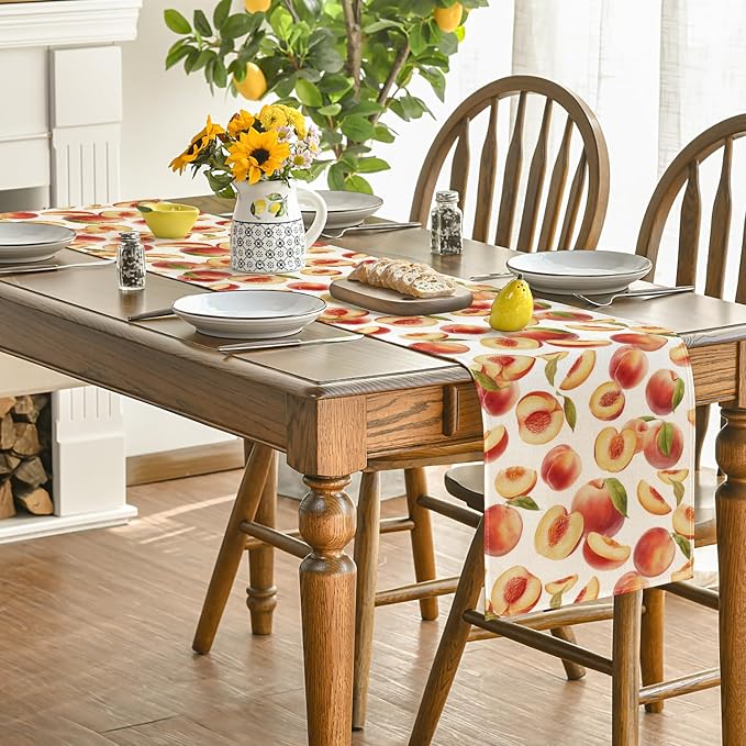 Artoid Mode Peach Leaves Fruit Spring Summer Table Runner, Seasonal Kitchen - Image 4