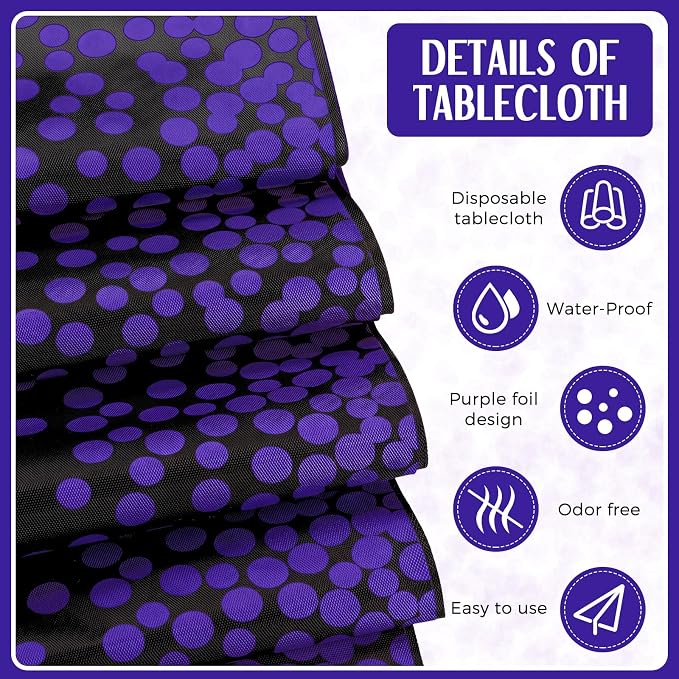 8 Pack Black and Purple Disposable Plastic Tablecloths and Satin Table Runner - Image 3