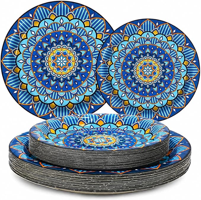 100PCS Boho Paper Plates 7Inch & 9Inch, Vintage Bohemian Disposable Dinnerware by EggSun