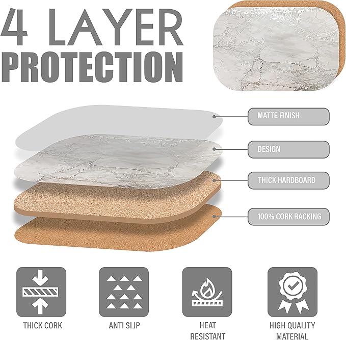 Dainty Home Silver Marble Oval Cork Placemats - Heat Resistant Placemats, Non-Slip, Easy Clean Placemats for Elegant Dining - 12"x18" Set of 2 - Perfect for Stylish, Modern Homes