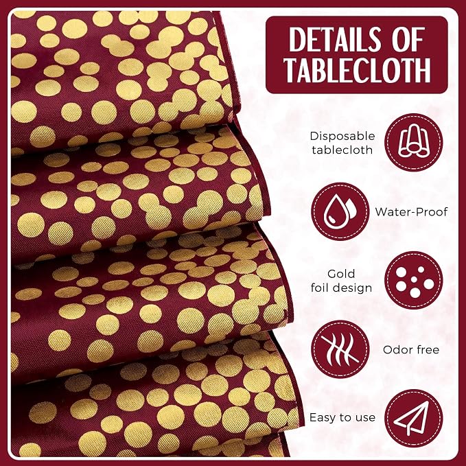 16 Pack Burgundy and Gold Disposable Plastic Tablecloths and Satin Table Runner - Image 5