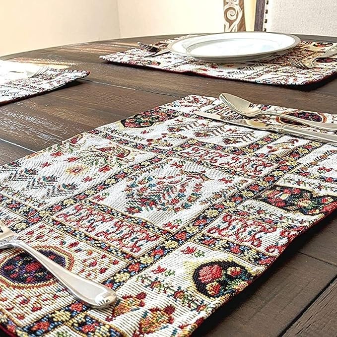 DaDa Bedding Elegant Floral Tapestry Placemats - Set of 4, Mughal-Inspired Woven Cotton Linen Dining Mats, Multi-Colored Vintage Garden Design - 13” x 19