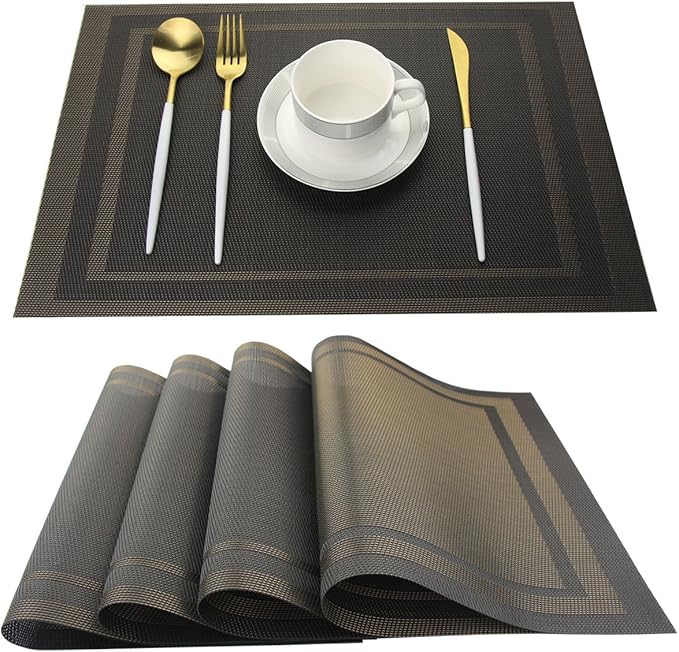 Placemats for Kitchen Woven Vinyl Table Placemat Heat-resistand Table Plastic Mats Set of 4 (Gold+Black)