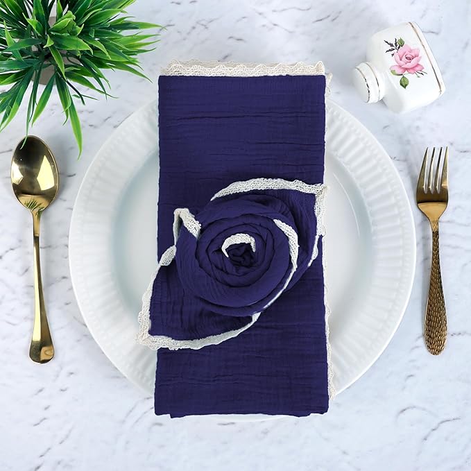 Fingercraft Dinner Cloth Napkin Cotton Muslin Double Gauze 8 Pack with Classic Lace for Everyday Use, Wedding, Party, Christmas, Easter Napkins Cloth are Pre Shrunk and Good Absorbency Navy