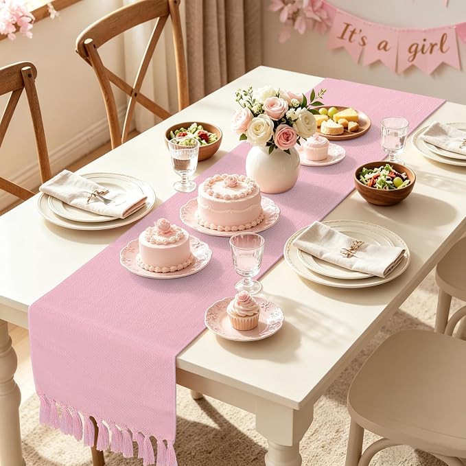 Pink Table Runner 72 Inches Long, Boho Woven Linen Farmhouse Dresser Table - Image 9