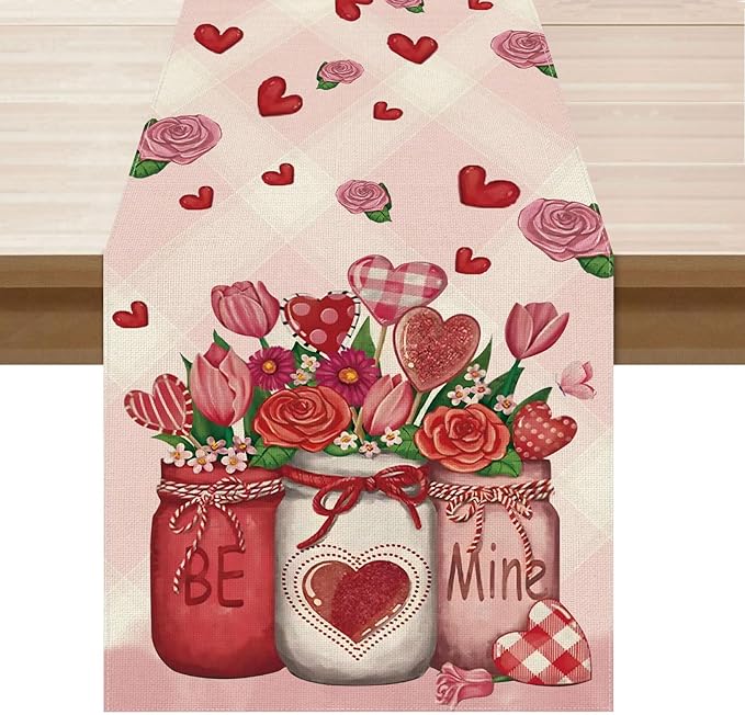XCHI Roses Flowers Love Hearts Vase Valentine’s Day Table Runner Table Decoration for Party Home Kitchen Dining Dinner Holiday Decor 13x90 Inch