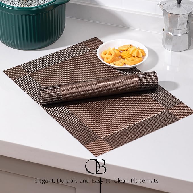 Placemats Set of 4 - Easy Clean Woven Vinyl Placemats for Dining Table, Indoor/Outdoor Place Mats, Washable PVC Table Mats（Brown Cube）